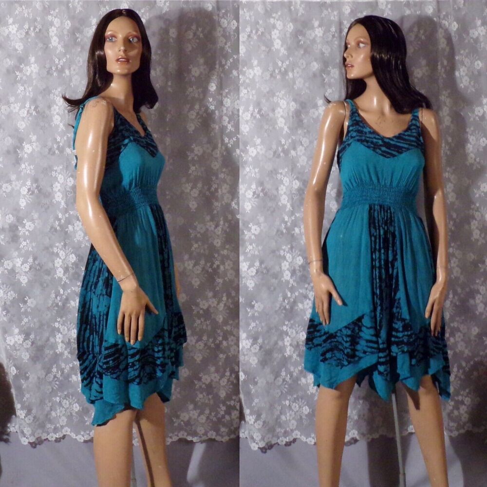 Vintage Y2K Dress 2000s Turquoise Blue Black Summer Boho Hippie Beach Size Small
